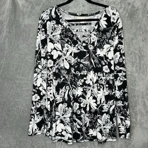 Emaline 2X Top Shirt Black Floral Flower Long Sleeve V Neck Stretch Womens